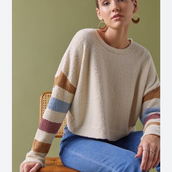 Altar'd State Sweaters - Altar'd State Cream and Brown Crew Neck Sweater with Colorful Sleeves